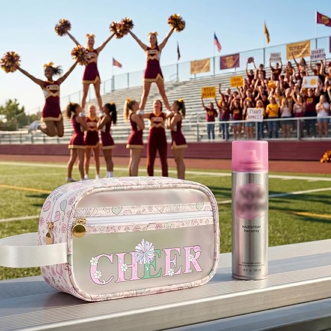 COSHAYSOO Clear CHEER Makeup Bag Cheerleader Team Gifts Cheerleading Hair Skincare Cosmetic Accessories Organizer for College Women Teen Girls, Small Waterproof Travel Pouch for Purses Backpack Tote
