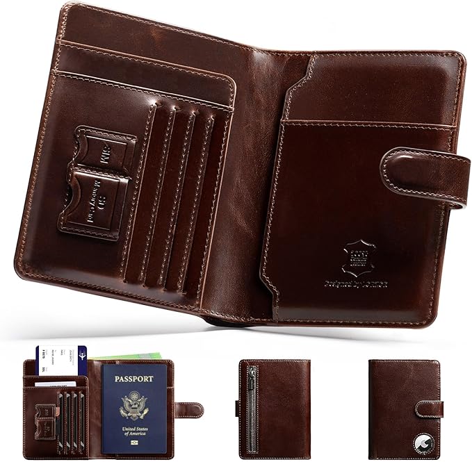 Passport Holder for Travel: Full Grain Leather Passport Cover with Airtag Holder Magnetic Buckle for Men - RFID Blocking Bifold Wallet for Air Ticket Card Cash Coin (Brown)