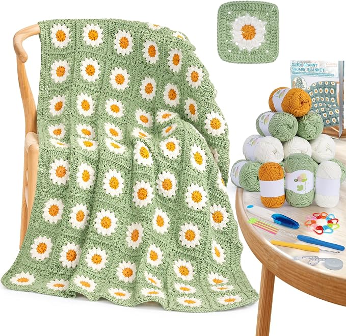 Coopay Crochet Blanket Kit for Beginners, Large Granny Square Crochet Kit | Complete Crochet Kit W/1200g Premium Yarn, Manual & Video Tutorial, DIY Handmade Blanket Gift for Crochet Lovers