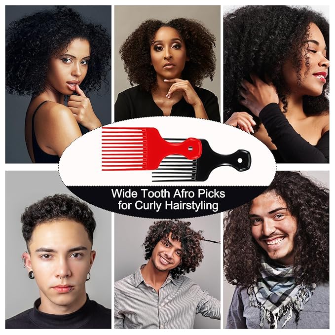 SIMPOR 2 Pcs Hair Pick Comb Wide Tooth Lift for Hair Styling Detangling, Plastic Afro Pick for Women Men, Fist Picks for Curly and Afro Hair (Black, Red)