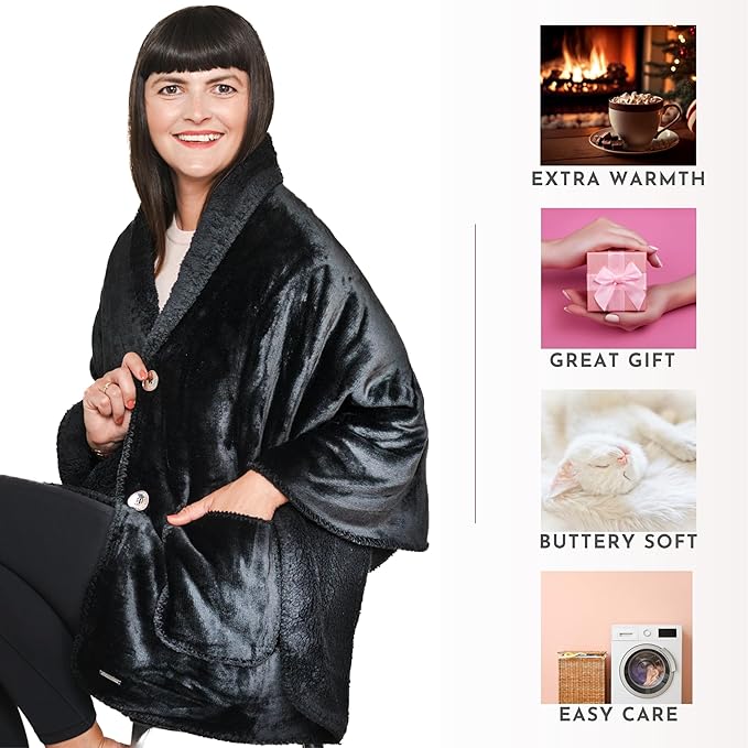 Premium Double Layer Wearable Blanket for Women -Drape and Go No Sleeves- Shawl with Pockets- Wrap Blanket- Gifts for Her Mom Grandma (Velvet Anthracite Black)