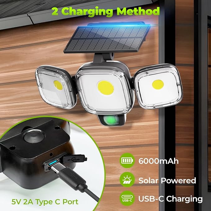 6000mAh Solar Motion Sensor Outdoor Lights with 3 Modes | IP65 Waterproof, 3-Head 270° Wide Angle Remote Control Outside Security Wall Light For Garden, Patio, Garage, Lawn and Yard