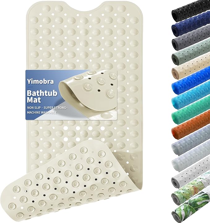 Yimobra Non Slip Bathtub Mat 40 x 16 Inch, Extra Long Shower Mat with Drain Holes, Machine Washable Baby Bath Mats, Strong Suction Cups for Bathroom Floor, Beige