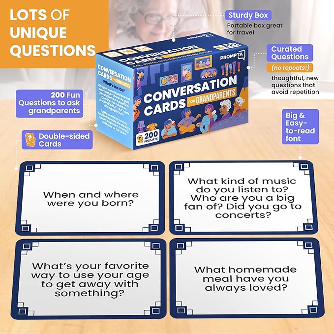 200 Conversation Starters for Grandparents – Thoughtful Gifts for Seniors – Family Games for Kids and Elders to Connect and Share – 3.5” x 2.5” Sized Cards – Get to Know Your Elderly