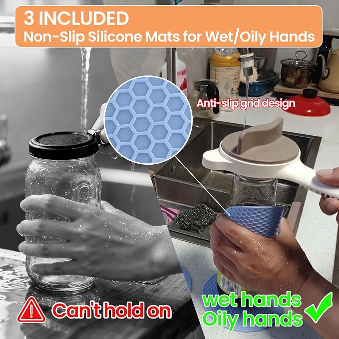 4-in-1 Jar & Bottle Opener for Seniors - Easy Grip | Multi functional & adjustable Ergonomic handle, non-slip grip Stainless, silicone pads Jars, bottles & beer, hooks included