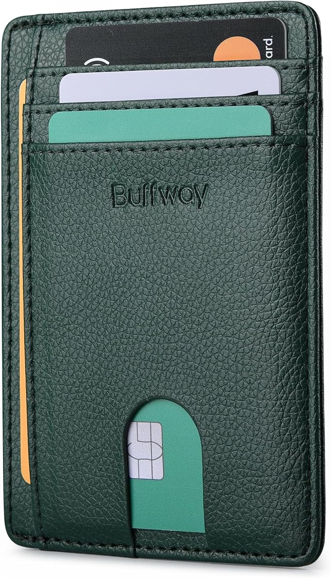Buffway Slim Minimalist Front Pocket RFID Blocking Leather Wallets for Men and Women - Lichee Green