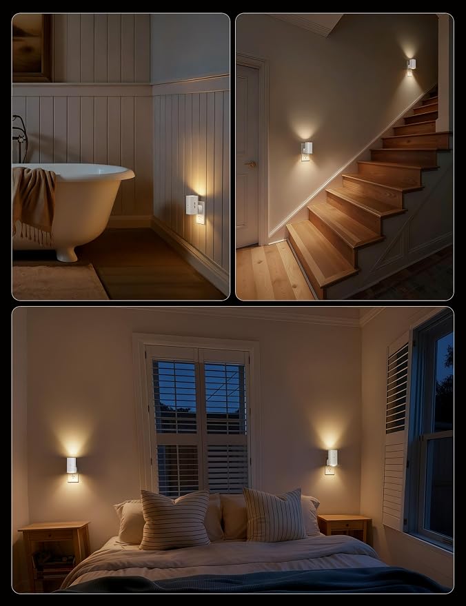 Brightown 2 Pack Black Night Lights with Rotating Plug, Soft White | Modern Night Light with Rotating Plug, Dusk to Dawn Sensor, 0-100LM Stepless Dimming Night Light for Hallway Bedroom Bathroom