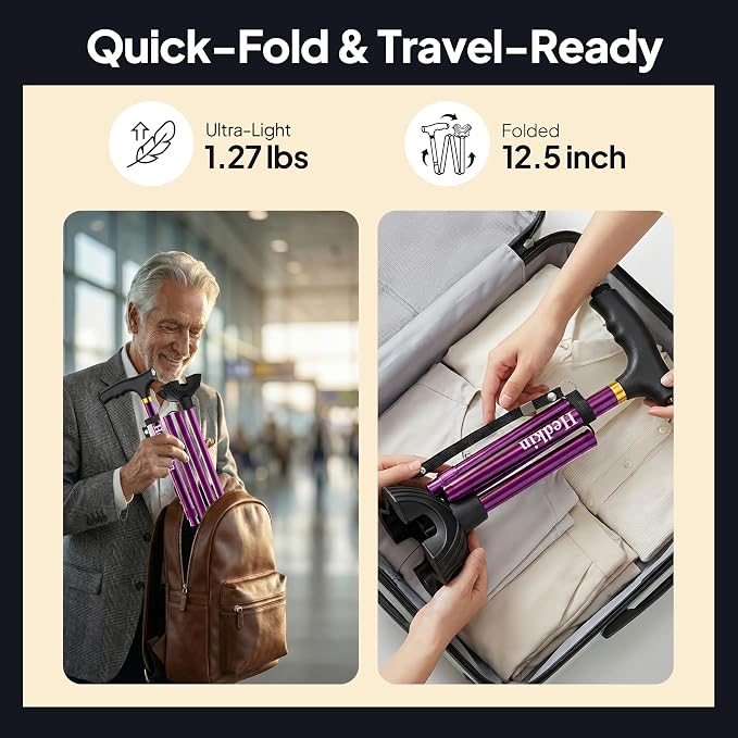 Walking Cane with LED Light, Foldable,Adjustable, Self Standing Walking Canes for Men & Women,Walking Sticks with Quad Base for Seniors & Adults