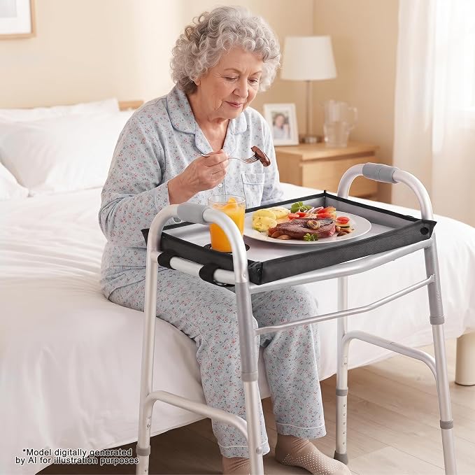 Walker Tray for Folding Walker with Cup Holder, Detachable Tray for Walker, Walker Accessories for Senior with Non-Slip Mat, Universal Fit for Meals, Drinks, Reading,Laptop (Black)