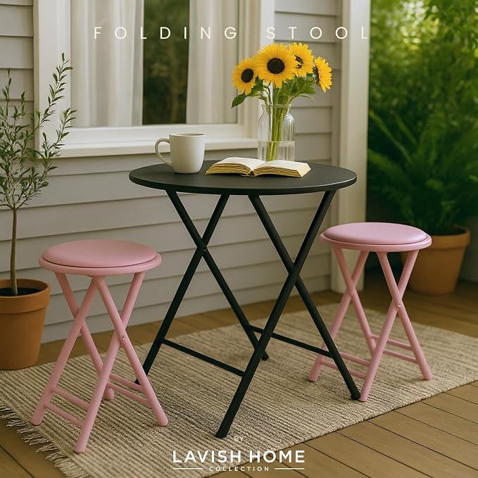 Lavish Home Folding Stool with Padded Backless Seat Set of 2, Pink, 24” | Counter Height Bar Stools with 225lb Capacity, Portable Indoor & Outdoor, Extra Seat for Kitchen, Rec Room or Camping