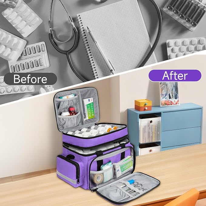 Large Pill Bottle Organizer, Double Layers Medicine Storage Bag with Lockable Zippers and Shoulder Strap,Medication Travel Bag for Prescription Bottles, Vitamins & Medical Supplies, Purple (Bag Only)