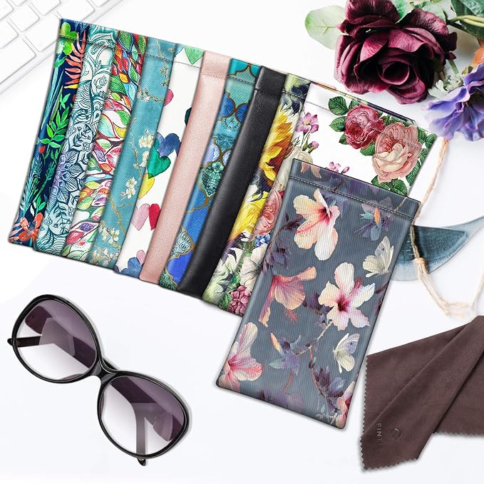 FINTIE Soft Eyeglasses Case with Cleaning Cloth, Portable Squeeze Top Vegan Leather Glasses Pouch, Sunglasses Eyewear Bag