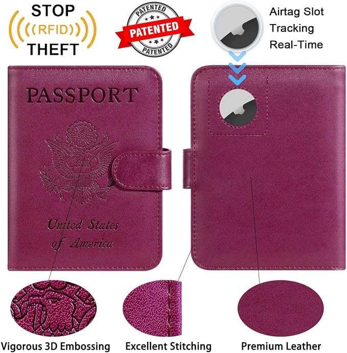 Airtag Passport Holder Cover Wallet RFID Blocking Leather Case Travel Essentials Luggage Accessories Travel Must Have(118#Purple)