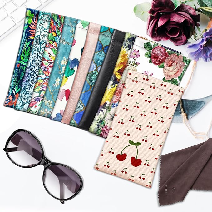 FINTIE Soft Eyeglasses Case with Cleaning Cloth, Portable Squeeze Top Vegan Leather Glasses Pouch, Sunglasses Eyewear Bag