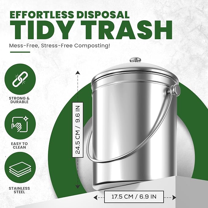 Utopia Kitchen Countertop Compost Bin 1 Gallon, Stainless Steel, Silver | Odorless countertop compost bin with charcoal filter, ideal for food scraps and waste