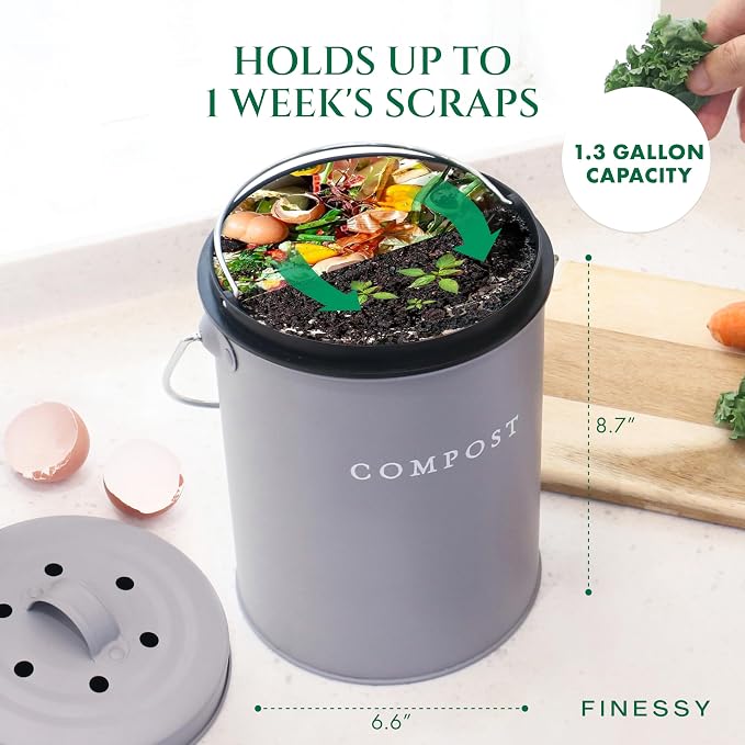 FINESSY Countertop Compost Bin with Lid Small, Indoor Kitchen Composter | 1.3 Gallon Stainless Steel Compost Bin Kitchen With Removable Inner Bucket & 2 Carbon Filters. Dishwasher Safe Composting Bin