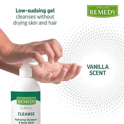 Medline Remedy Clinical Hydrating Shampoo & Body Wash (16 fl oz), Vanilla Scent, Cleanser, No-Rinse, Adults, Kids, Shower Or Bedside, Dimethicone, Sulfate Free