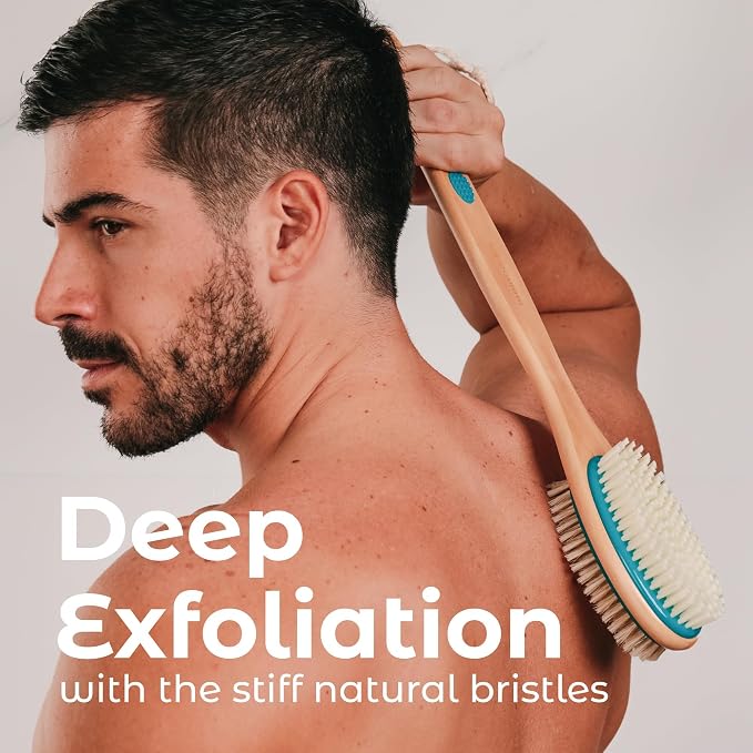 MainBasics Back Scrubber Shower Brush, Teal, Long Handle | Dual Sided Body Brush, Exfoliating Bristles and Soft Bristles, Back Scrubbing, Deep Cleaning