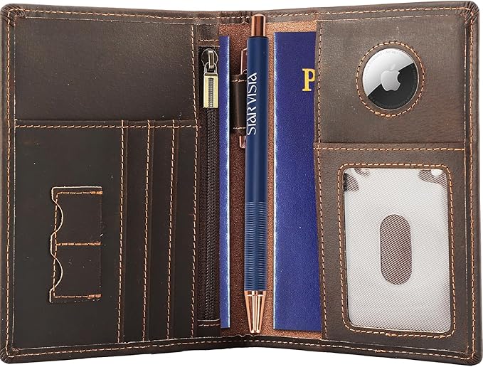 STAR VISTA Phoenix Leather Passport Holder, Cowhide Leather Travel Wallet - RFID Blocking, ID Window, Zipper Pocket, Pen & Notebook Included, AirTag Holder, Dark Chocolate