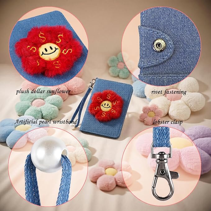 Passport Cover, with Doller Flower Design, Red Floral Plush Doll Cover Passport Wallet, Decorative Wrist Srap, Artificial Pearl Wristlet Band, Smiley Face, Denim Passport Holder