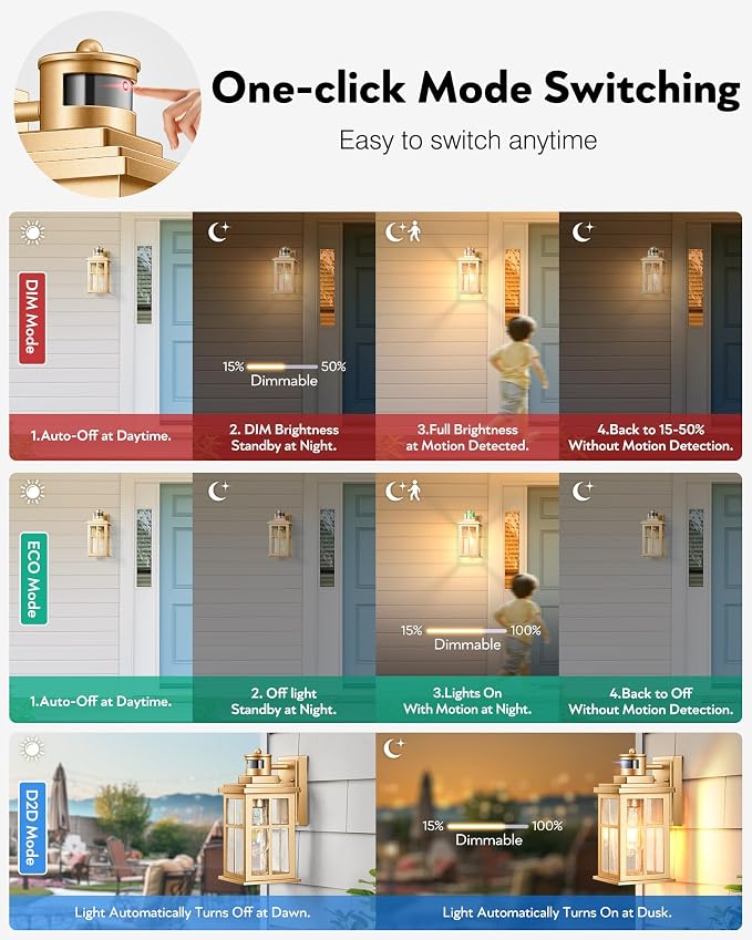 VIANIS 2 Pack Motion Sensor Outdoor Wall Lights, Modern Gold Exterior Garage Lighting Fixtures Wall Mount for House, Anti-Rust Waterproof Dusk to Dawn Front Porch Lights Wall Lantern Sconce for Patio | Anti-Rust Waterproof, Fade-resistant, Modern Gold ...