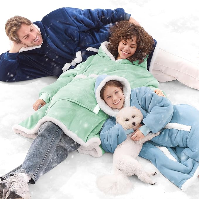 JOYWOO Green Wearable Blanket Hoodie,Oversized Cat Lovers Sweatshirt Blanket for Adult & Teens, Birthday Gifts for Women Men Mom Girl Boys,Cozy Sherpa Fuzzy Blanket Giant Pocket Gifts,Sage green Small