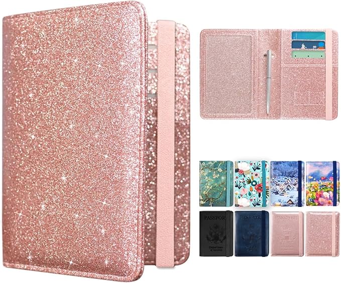 ACdream Unisex Faux Leather Passport and Vaccine Card Holder, Glitter Rose, RFID Blocking, Protects Valuable Information