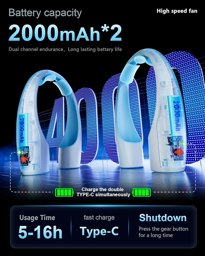 Heelkl AI Neck Fan, 4 Speeds Adjustable Portable Personal Fan Rechargeable, 4000 mAh Battery Faster Cooling Wearable Fan, Ultra Quiet for Home, Office, Travel, Outdoor - White Blue