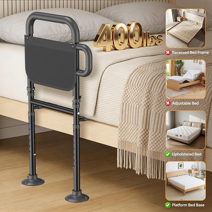 Bed Rails for Elderly Adults Safety – Adjustable Height Bed Assist Rail for Seniors, 400lb Capacity, ASTM Approved, Non-Slip Handle, Fixing Strap & Storage Pocket (Twin/Full/Queen/King)