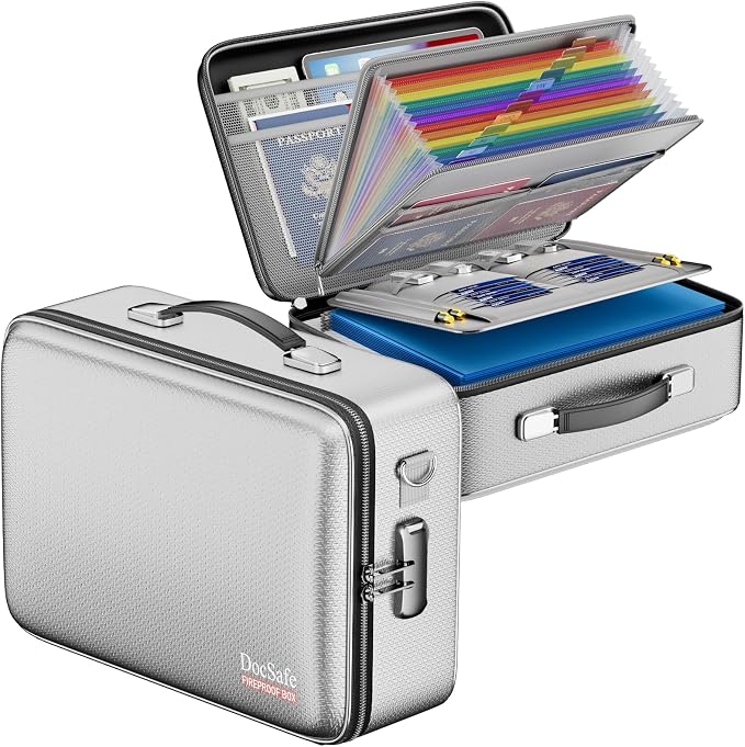 DocSafe Fireproof Document Box Hard Case with Lock ＆ Accordion File Folder | Fire and Water Resistant Safe Box,File Organizer,Multi-Pocket,Home Office Travel Storage for Important Document,Laptop,Silver