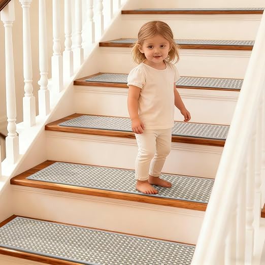 DEXDE Stair Treads for Wooden Steps 4-Pack Non-Slip Indoor, 9" x 30" Grey | Chenille & Linen Blend Carpet Stair Runners Backing, Soft Self-Adhesive Washable Stairway Step Covers for Kids Elders Dogs