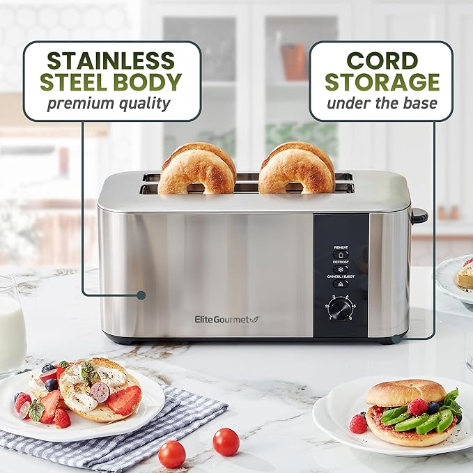 Elite Gourmet ECT3401 Long Slot 4 Slice Toaster, 1.5” Slot Width, 6 Toast Shade Settings, Reheat, Defrost & Cancel Functions, Extra Large Slots for Bagels, Waffles, Artisan Breads, Stainless Steel