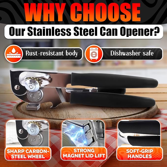 Heavy Duty Commercial Can Opener – Stainless Steel Can Opener for Large & Small Cans, Manual 360° Smooth Crank with Ergonomic Long Handles, Non-Slip Grip, 2-in-1 Bottle Opener for Restaurants & Home