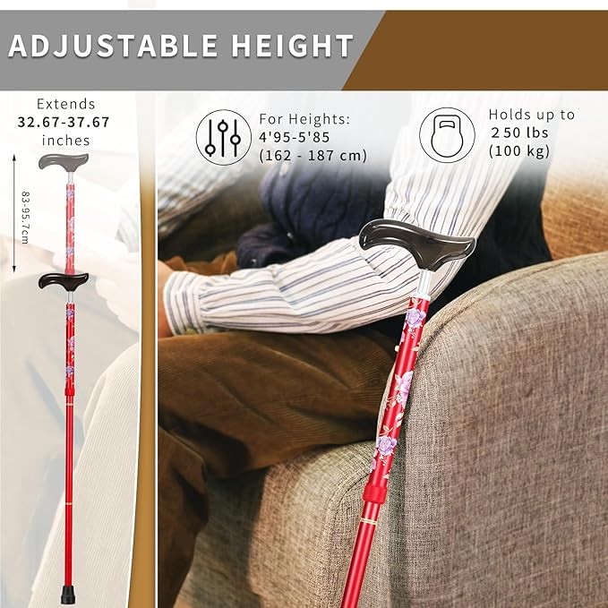 Stylish Foldable Walking Cane - Pattern Printed, Adjustable, for Men and Women Stability and Balance, Light Weight, for 5'~6' Height