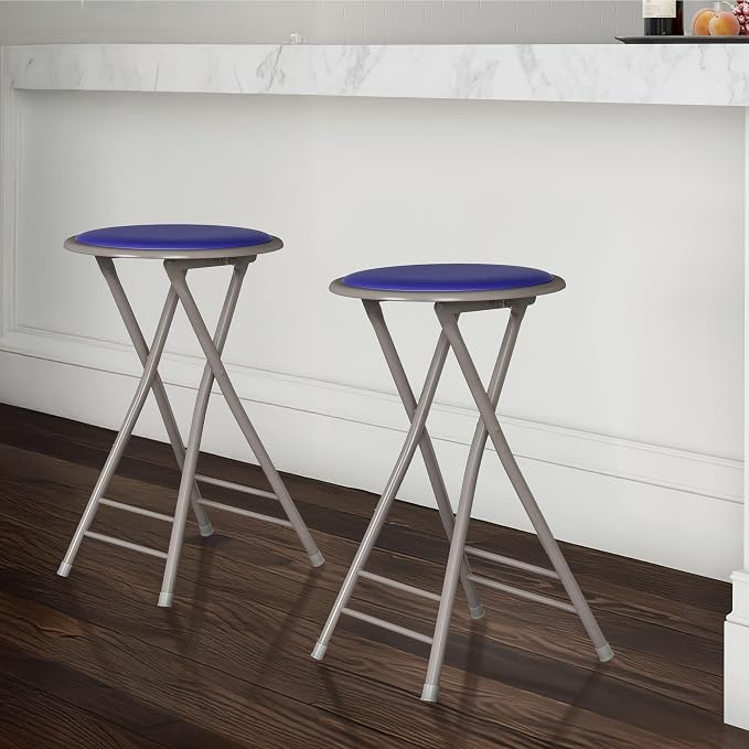 Lavish Home Folding Stool with Padded Backless Seat Set of 2, Blue, 24” | Counter Height Bar Stools with 225lb Capacity, Portable Indoor & Outdoor, Extra Seat for Kitchen, Rec Room or Camping