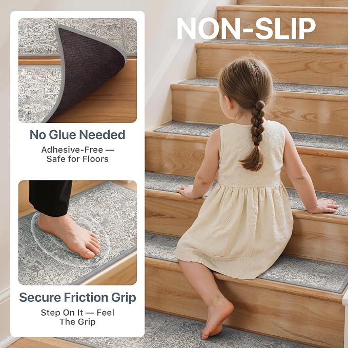 sarben 8"x30" Non Slip Stair Treads for Wooden Steps 15 Pack, Khaki Blue | Peel and Stick Carpet Stair Runner with TPE Adhesive Backing, Carpet for Added Safety, Pet and Senior Friendly