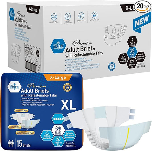 MED PRIDE Maximum Absorbency Adult Briefs for Incontinence with Refastenable Tabs - Ultra-Absorbent Adult Diapers for Men & Women- Bladder Control Unisex Disposable Underwear (X-Large - Case of 60)