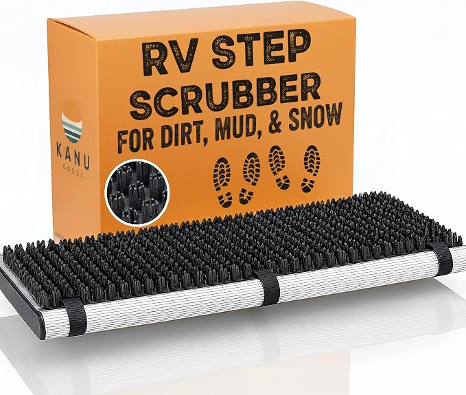 TrailScrubber RV Step Covers, Boot Brush Scrubber Mat for Camper Steps | RV Step Brush & Camper Step Covers, Fits Steps 18.5-22 in Wide, Non Slip Bristle Tread, Hose-off Clean, Straps Included
