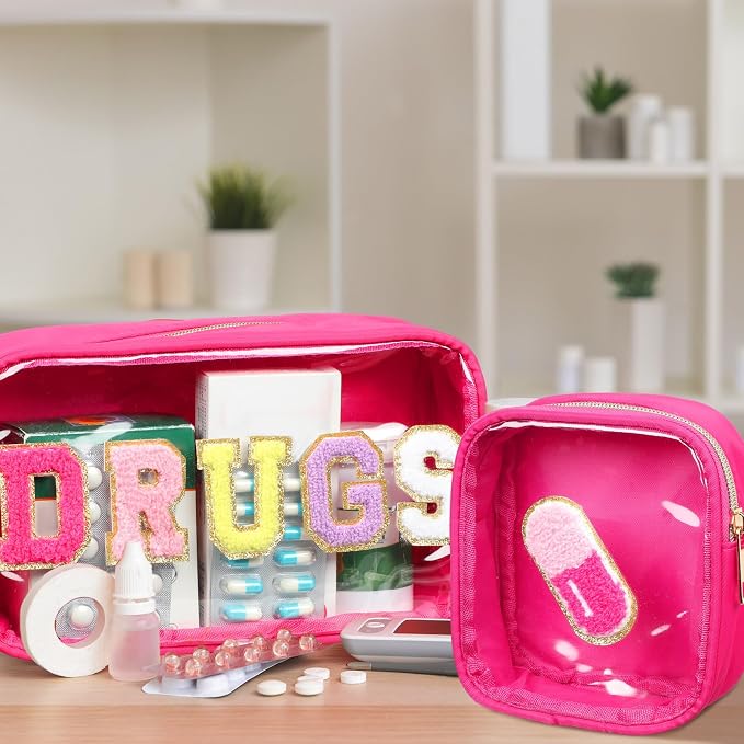 Hillban 2 Pcs Medicine Bag Chenille Letter Patch Meds Bags Travel Cases Preppy Clear Nylon Portable Makeup Bags Zipper Cosmetic Toiletry Storage for Women PVC Transparent Mini First Aid Bag(Stylish)