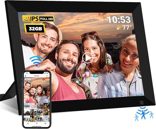 10.1 Inch WiFi Digital Photo Frame, 32GB Smart Digital Picture Frame with IPS Touch Screen, Motion Sensor, Auto-Rotate, Share Photos via Frameo App, Calendar, Ideal Gifts for Mom Grandparents