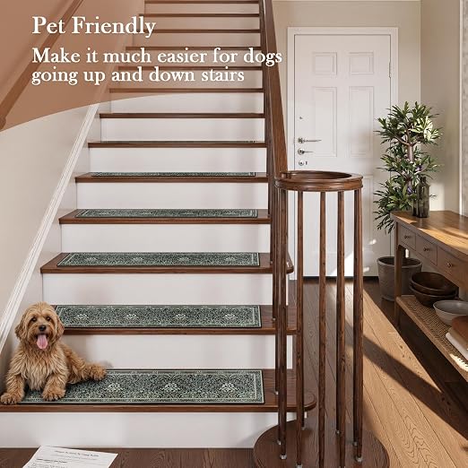 OJIA Black Stair Runner Non-Slip Stair Treads for Wooden Steps 15PCS 30"x8" | Floral Stair Runners Indoor Carpet Stair Treads Stair Mats Staircase Step Treads for Kids, Elders and Dogs, Stair Covers