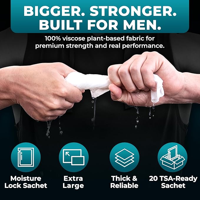 Travel Body Wipes for Men - 20 XL Shower Wipes for Adults Bathing No Rinse - Individually Wrapped 10”x10” Disposable Washcloths, Face Towels, Gym Mens Deodorant Sheets, Camping Essentials & Must Haves