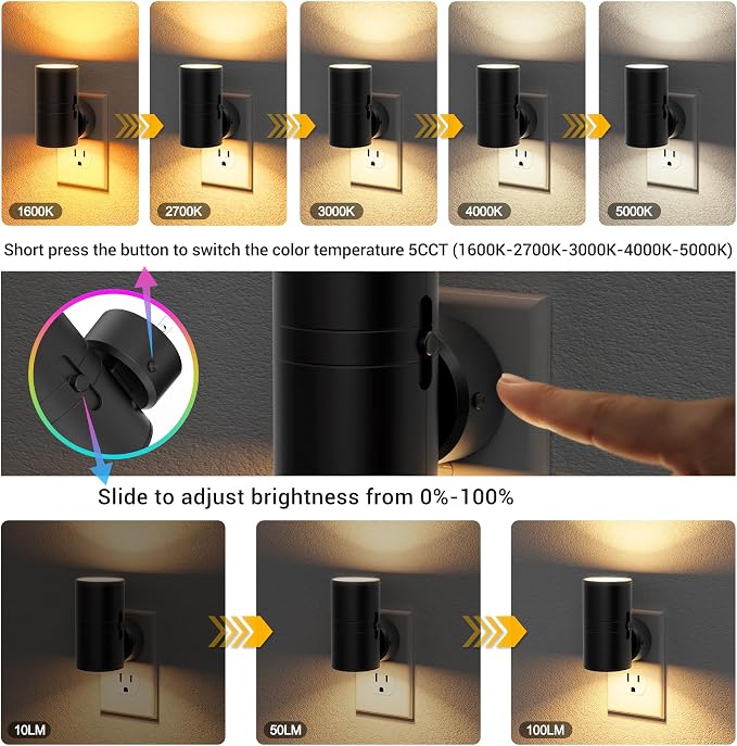 JandCase LED Night Light, Night Lights Plug into Wall with Dusk to Dawn Sensor, 5 Color Temperatures, Rotating Plug, Dimmable Nightlights, Adjustable Brightness for Bedroom Bathroom Hallway, 2 Pack