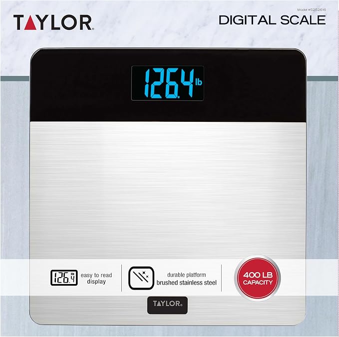 Taylor Digital Bathroom Scale for Body Weight, 400 lb Capacity, Tempered Glass Platform with Stainless Steel Accent, Large LCD Display, Weight Scale in Pounds Kilograms Stones, Set of 3