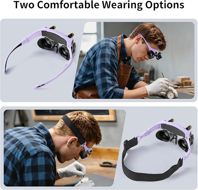 JARLINK Magnifying Glasses with LED Light, Hands Free Magnifier with 14 Interchangeable Lenses 3X 4X 5X 6X 7X 10X 15X, Magnifying Glasses for Close Work, Crafts, Jewelry, Electronics Repair (Purple)