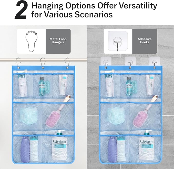 F-color 7-Pocket Mesh Shower Caddy - Hanging Shower Organizer for Cruise | Quick-Dry & See-Through Mesh for Toiletries, Fits Shower Rod Rings or Sticky Hooks for Bathroom & RV, Cruise Essentials 2026