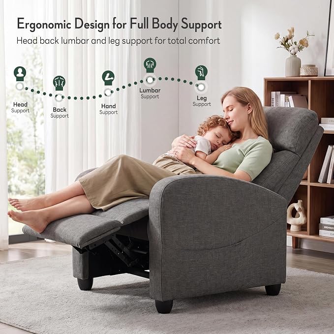 Massage Recliner Chair, Recliner Sofa Fabric for Adults, Recliners Home Theater Seating with Lumbar Support, Reclining Sofa Chair for Living Room, Greige