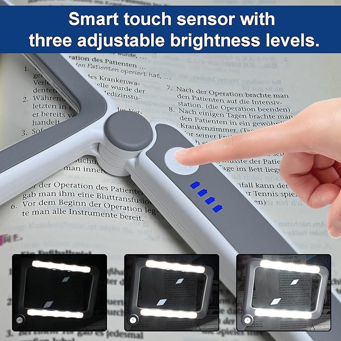 Rechargeable LED Magnifying Glass for Reading Books, Bible & Small Print, 4X Optical-Grade Rectangular Lens with 3 Adjustable Brightness Levels, USB-C Foldable Magnifier Gift for Seniors, Low Vision