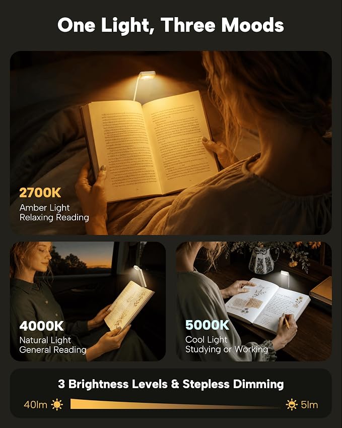 86lux Book Light, Rechargeable Clip-On LED Reading Light for Bed | 3 Color Temperatures with Stepless Dimming, Ultralight Bookmark Design for Book Lovers, Mint Green