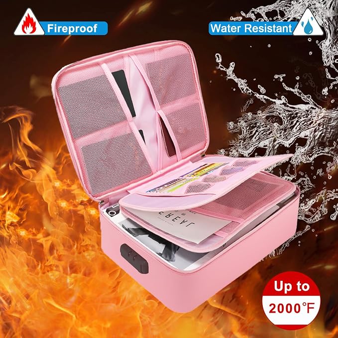 Fireproof Bag with Lock, Waterproof Fireproof Document Organizer for Safe Storage – Large Capacity File Storage Case for Home, Office, and Travel (pink)